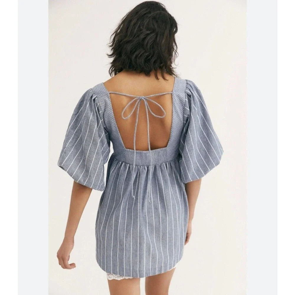 Free People Blue‎ Striped Chambray Women's Gigi Tunic Size S Small